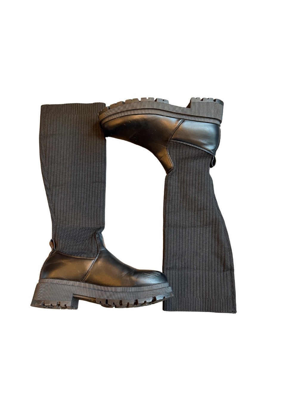 Chunky Knee-High Ribbed Sock Boots - Black